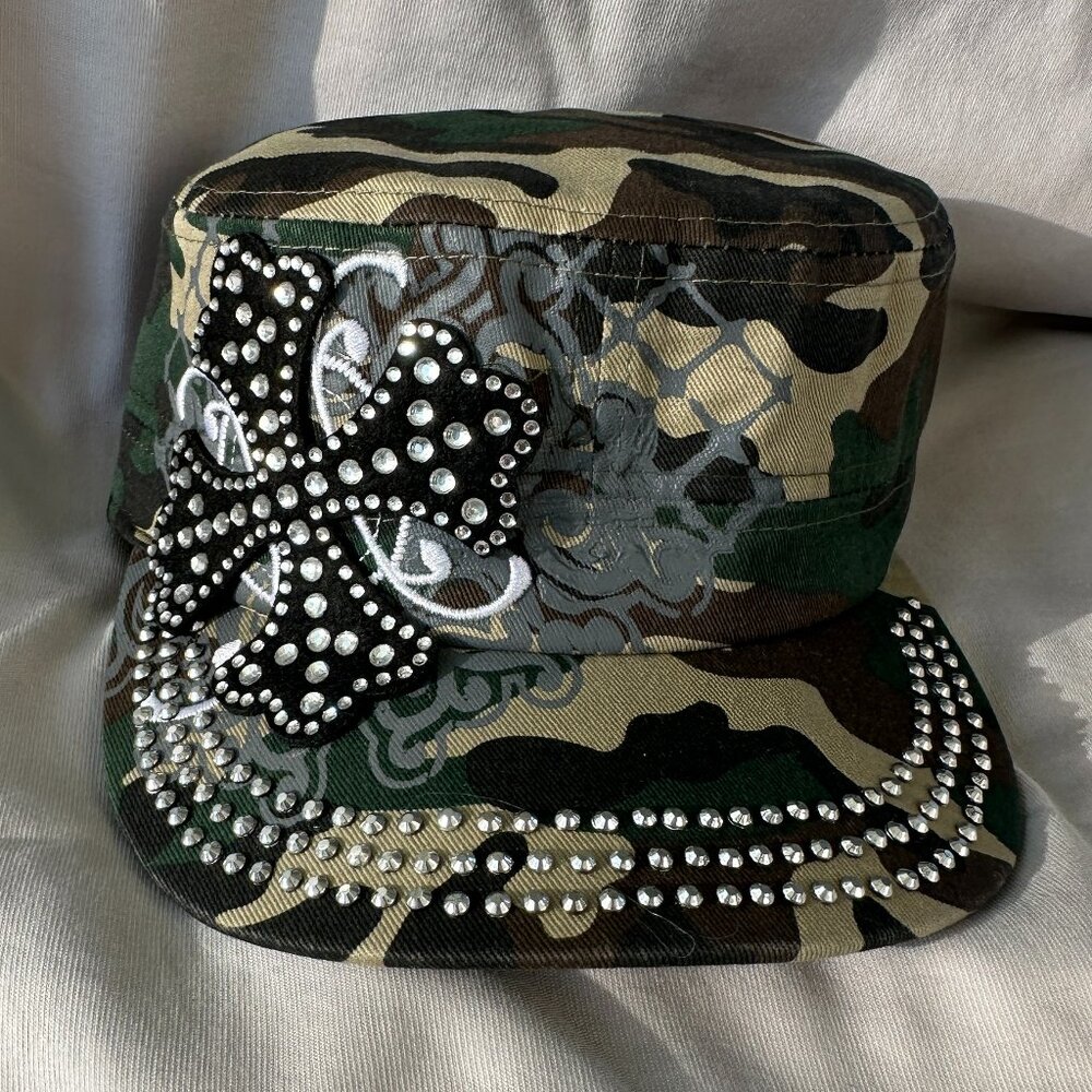 Hat~Rhinestone~Short Cross~Cadet style~adjustable velcro back